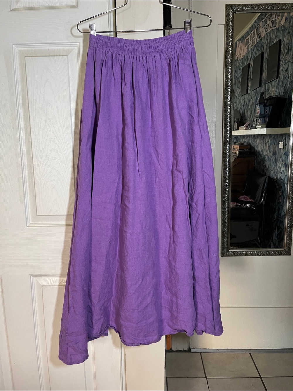 100% BELGIUM LINEN SKIRT PURPLE HIGH QUALITY ELASTIC TOP SMALL CORE MAXI LONG
